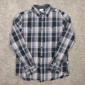 The North Face Shirt Mens Small Black Gray Twill Flannel Pockets Work Button Up